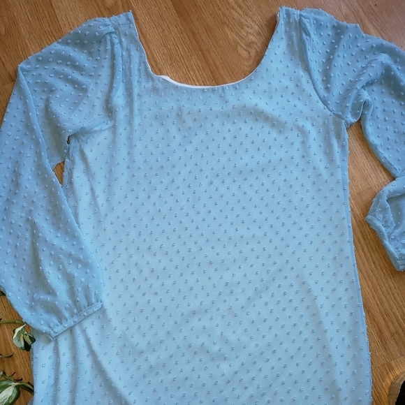SOLDPeach Love Cream Shift Dress Medium Blue Thin Pastel Long Sleeves Sheer Line - Picture 2 of 5